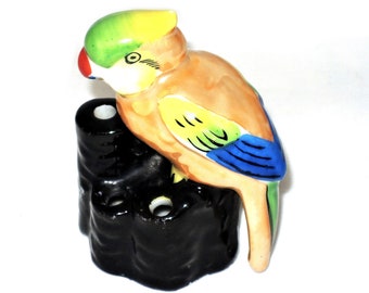 Vintage Lusterware Parrot Flower Frog and Bowl Set