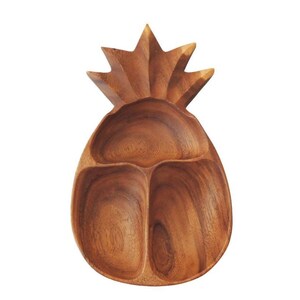 May include: A wooden pineapple-shaped serving dish with three sections. The dish is made of dark brown wood and has a natural, rustic finish.