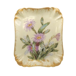 Antique 1891 Haviland France, Signed Hand-Painted Gilded Rectangular Plate with Purple Aster Design