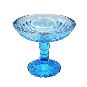 Vintage Jeanette Flash Glass Compote, Blue Diamond Pattern Footed Compote