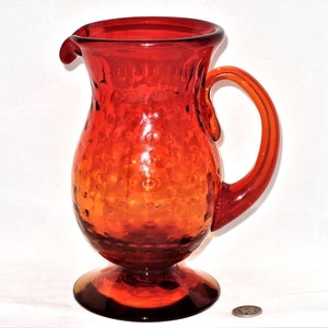 Vintage Mid Century Hand Blown Amberina Glass Footed Pitcher
