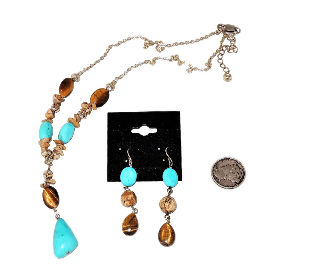 Vintage Tiger Eye and Turquoise With Sterling Chain Necklace and