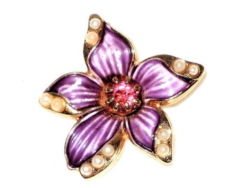 Vintage Petite Rhinestone and Faux Pearl Purple Flower Brooch with Gift Box Included