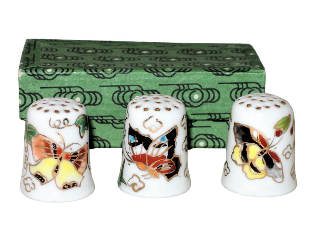 Vintage Box Set of Ceramic Thimbles With Butterfly and Floral Etsy