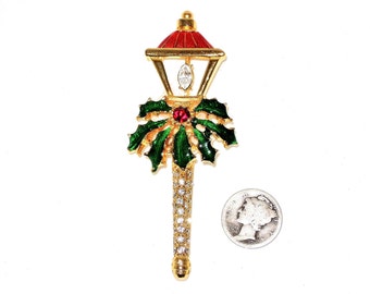 Vintage Rhinestone and Enamel Gold Tone Christmas Lantern Brooch with Gift Box Included