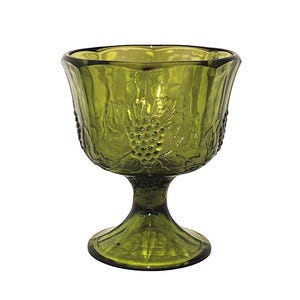 Vintage Indiana Glass, Olive Green Pedestal Compote, in the Harvest Grapes Pattern