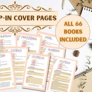 Puede incluir: Una colección de páginas de portada de la Biblia. Las páginas son de color rosa claro con texto y detalles florales. El texto incluye los nombres de los libros de la Biblia, como Isaías, Filipenses y Proverbios. La imagen también incluye el texto "TODOS LOS 66 LIBROS INCLUIDOS".