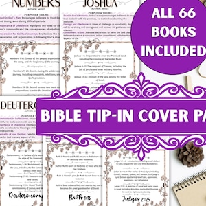 Puede incluir: Un conjunto de páginas de portada de la Biblia. Las páginas presentan texto sobre Génesis, Números, Josué, Levítico, Deuteronomio, Rut y Jueces. Un círculo morado con el texto "ALL 66 BOOKS INCLUDED" está en la esquina superior derecha.