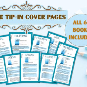 Puede incluir: Una colección de páginas de portada Bible Tip-In, con varios libros de la Biblia. El diseño incluye una combinación de colores azul claro y blanco con el texto "BIBLE TIP-IN COVER PAGES" en la parte superior. La imagen también indica "ALL 66 BOOKS INCLUDED".