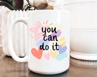 Encouraging Ceramic Mug: Colorful Hearts, Stars, Brushstrokes (11oz/15oz)