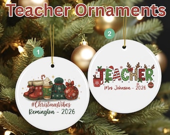 Personalized Ceramic Teacher Christmas Ornament, Double-Sided Holiday Design