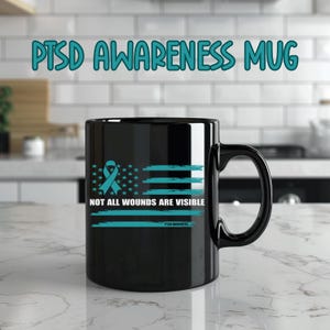PTSD Awareness Black Mug - Teal Ribbon Tattered Flag, Supporter Gift, Mental Health Survivor, 11oz 15oz Tea, Coffee Cup, Vet Support Gift