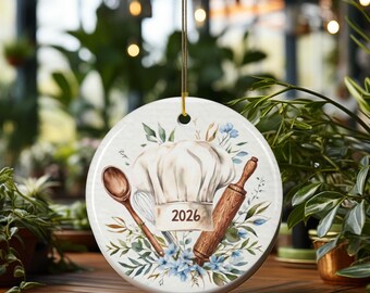 Personalized Ceramic Chef Rolling Pin Ornament, Chef Hat Ornament, Baking Christmas Kitchen Decor