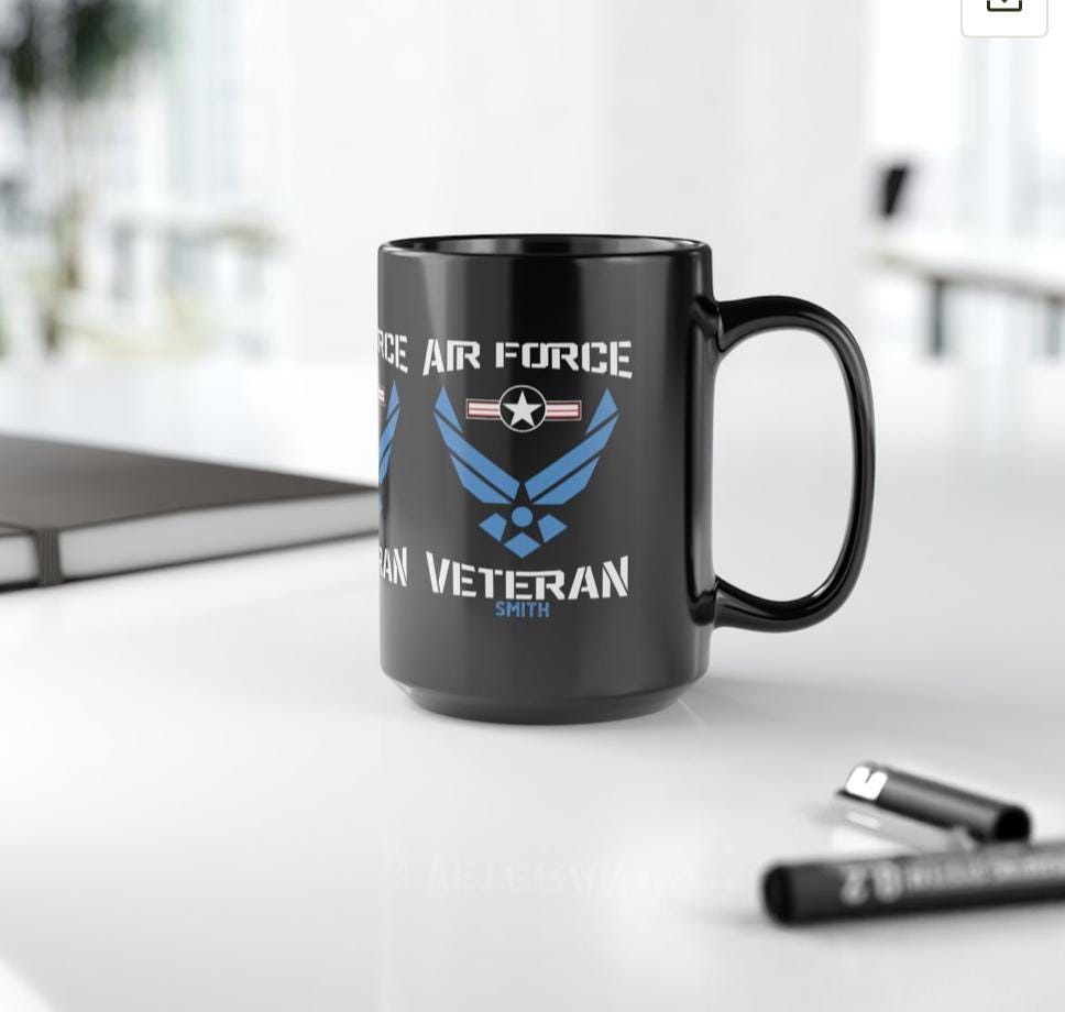 Air Force Veteran, Emblem Coffee Mug: 15 oz Black Ceramic