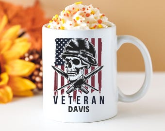 Skull Soldier with American Flag Veteran Mug | Personalized Name