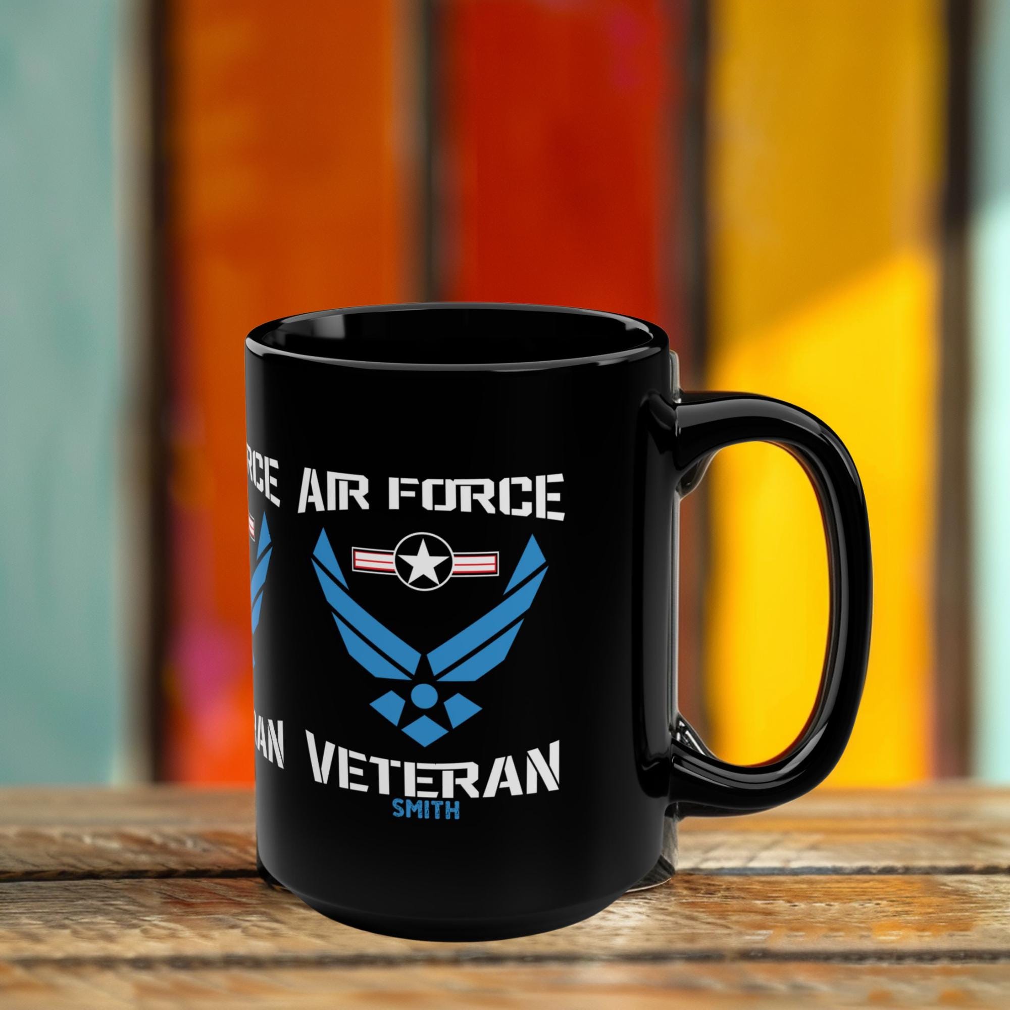 Air Force Veteran, Emblem Coffee Mug: 15 oz Black Ceramic