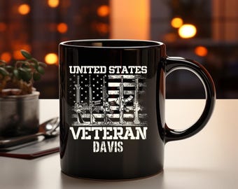 United States Veteran Flag Rifle Monogram Mug | Black Mug