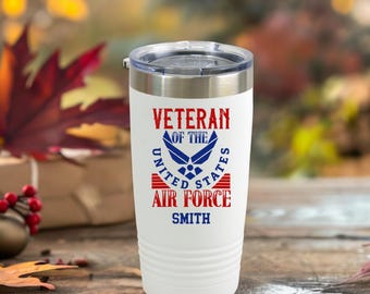 Air Force Insulated 20oz Travel Mug, White Stainless Tumbler, Veteran Gift