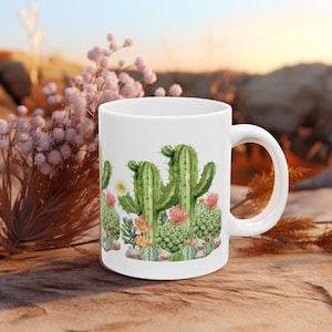 Saguaro Cactus Mug 11oz, Personalize Desert Boho Coffee Cup with Wraparound Watercolor Cactus Print, Nature Lover Western Gift Gift for Her
