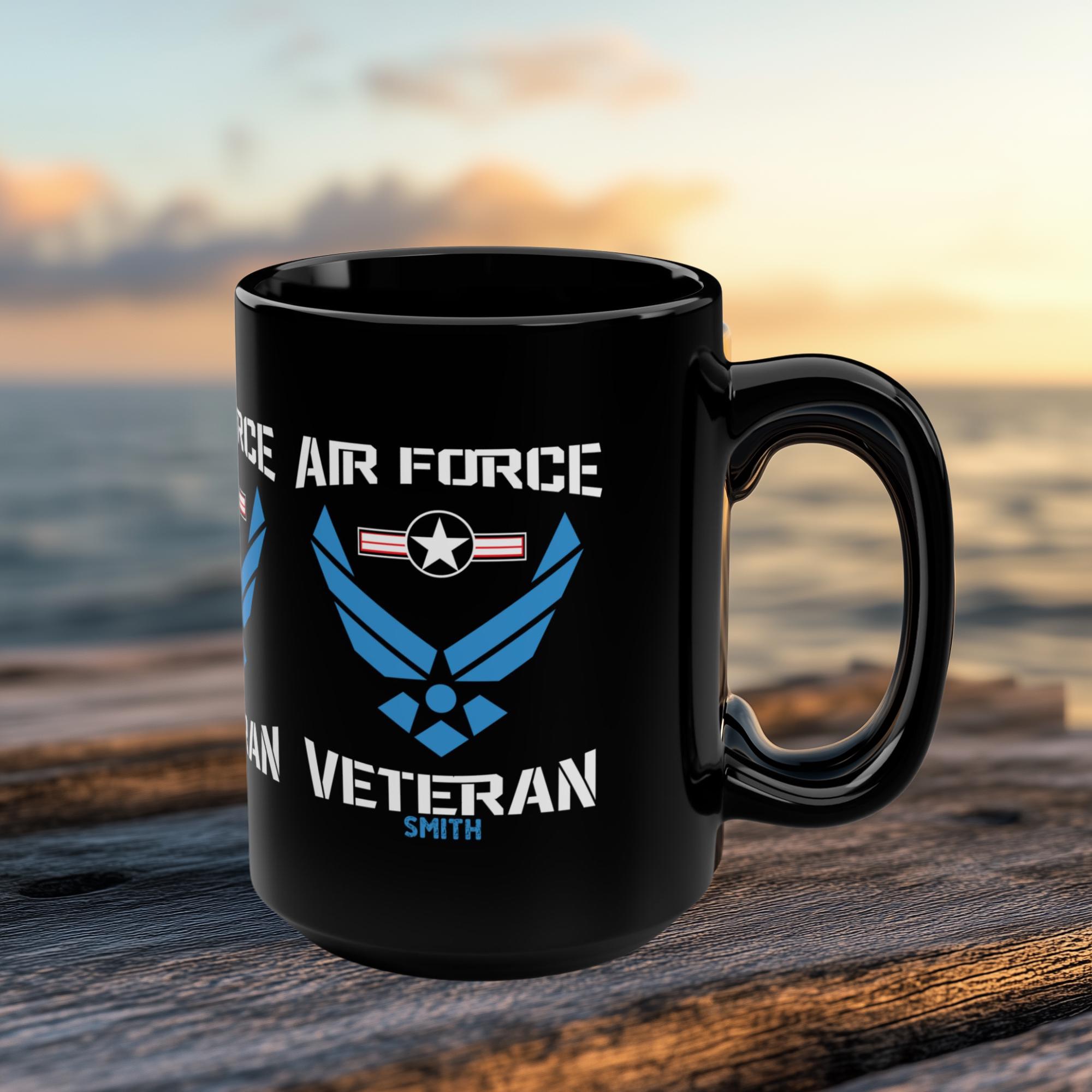 Air Force Veteran, Emblem Coffee Mug: 15 oz Black Ceramic