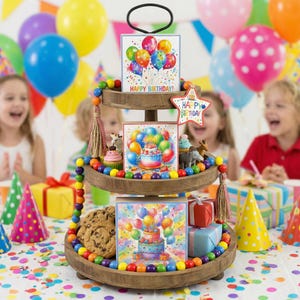 May include: A three-tiered wooden serving tray decorated for a birthday party. Each tier holds colorful treats and napkins with balloon and cake designs. The top tier has a black handle. The words "Happy Birthday!" are visible on the napkins.