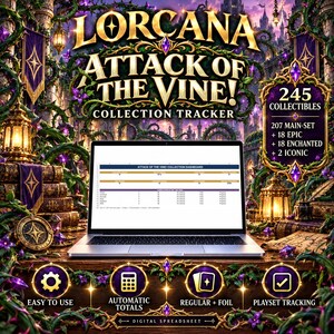May include: A digital collection tracker spreadsheet for Lorcana Attack of the Vine displayed on a laptop screen. The interface shows a dashboard with 245 total collectibles, including main-set, epic, enchanted, and iconic cards, with features for automatic totals, easy use, and playset tracking.