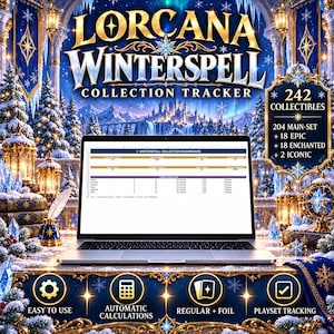 Op de afbeelding: Een laptop met een Lorcana Winterspell Collection Tracker spreadsheet. Het scherm toont een dashboard met 242 verzamelobjecten, waaronder 204 main-set, 18 epic, 18 enchanted en 2 iconic items. Iconen eronder geven functies aan zoals automatische berekeningen en playset-tracking.