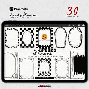 May include: A digital tablet screen displaying a collection of 30 black and white line art frames for Procreate. The set includes various rectangular, oval, and themed borders featuring patterns like checkerboards, spiderwebs, and ghosts.