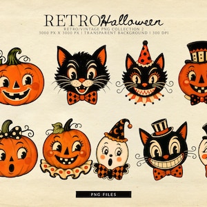 May include: A digital collection of eight Halloween-themed illustrations featuring orange pumpkins, black cats, and a ghost. The characters wear hats, bow ties, and collars. Text at the top reads RETRO Halloween RETRO/VINTAGE PNG COLLECTION 2.