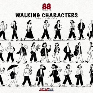 以下が含まれることがあります： 様々な服装で歩く24人のキャラクターの白黒イラスト。花やバッグなどを持っています。「WALKING CHARACTERS」の文字が上に表示され、下に「PNG | SVG FILE」と表示されています。