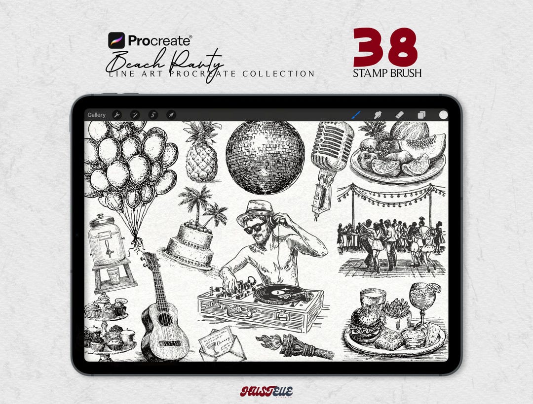 Beach Party Procreate Stamp Brushes Summer Party Line Art Stamps DJ ...