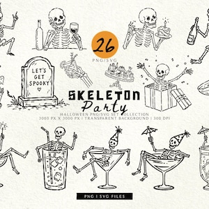Könnte beinhalten: Eine digitale Sammlung von 26 schwarz-weißen Strichzeichnungen, die Skelette auf einer Party zeigen. Das Set enthält Skelette mit Partyhüten, Luftballons, Kuchen und Cocktails sowie einen Grabstein mit dem Text LET'S GET SPOOKY.