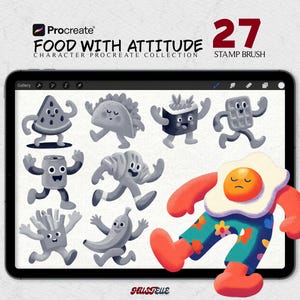 May include: A digital art illustration of a tablet displaying a collection of food-themed character stamp brushes for Procreate. The characters include a watermelon slice, taco, sushi, waffle, and more. The image also includes the text "FOOD WITH ATTITUDE" and "27 STAMP BRUSH".