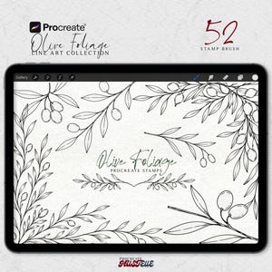 May include: A digital tablet screen displaying a collection of black and white line art illustrations of olive branches and olives. The text reads Procreate Olive Foliage Line Art Collection, 52 Stamp Brush, and Olive Foliage Procreate Stamps.