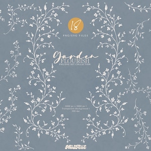 Può includere: Una collezione di 18 illustrazioni di rami floreali a linee bianche su sfondo blu. Il testo recita 18 PNG/SVG FILES, Garden FLOURISH PNG/SVG SET COLLECTION, 3000 px x 3000 px, Transparent Background, 300 dpi e HUSTELLE.