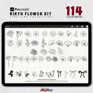 Birth Month Flower Fine Line Tattoo Designs Procreate Stamp Brush Set, Procreate Tattoo Stencil Bundle, Tattoo Birth Flower Brushes