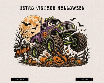 Puede incluir: Una ilustración gráfica titulada RETRO VINTAGE HALLOWEEN que muestra un camión monstruo morado con detalles verdes, conducido por un fantasma haciendo un gesto con la mano. La escena incluye una gran luna naranja, murciélagos, calabazas y un letrero que dice OUT FOR MAYHEM.