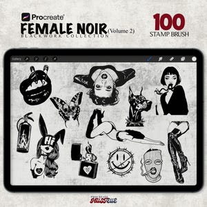 May include: A digital tablet displaying a collection of 100 blackwork stamp brushes for Procreate, titled "Female Noir." The image features various black and white illustrations, including lips, a butterfly, a dog, and a smiling face.