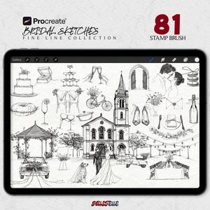 May include: A digital tablet displays a collection of 81 fine line sketches of wedding-themed illustrations. The sketches include a wedding cake, champagne glasses, a church, and a bride and groom. The text "Bridal Sketches Fine Line Collection" is also visible.