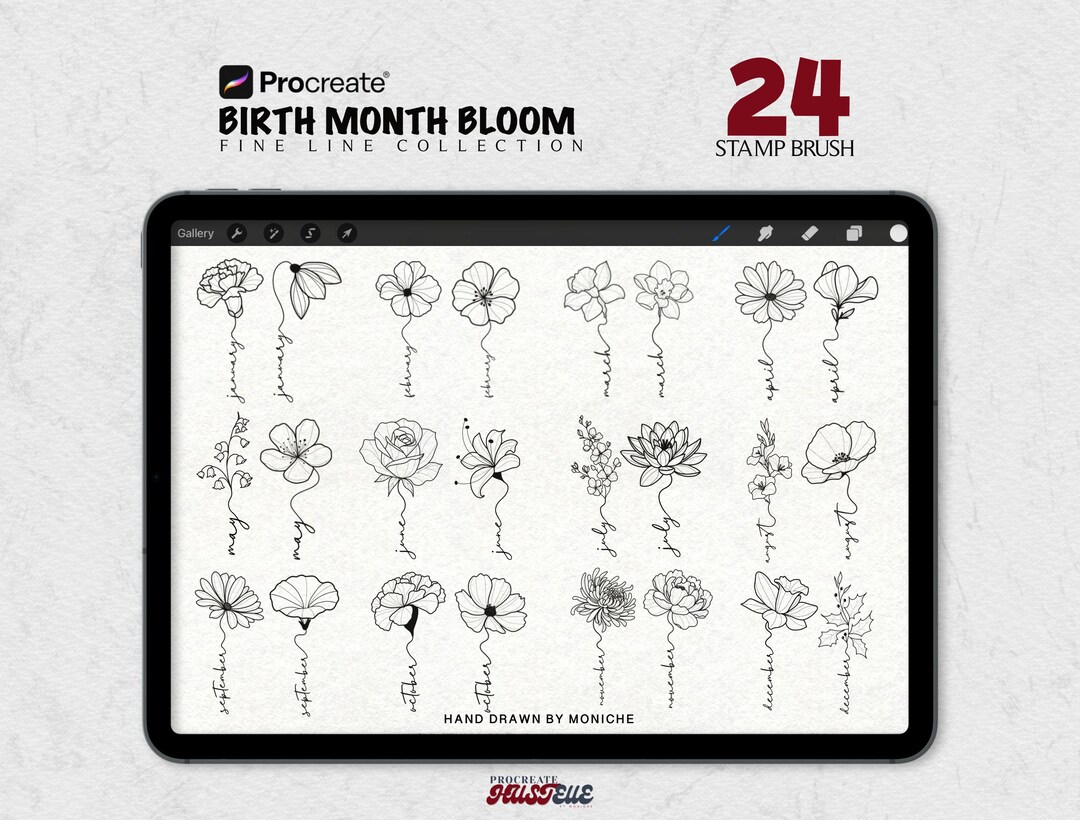 Birth Month Flower Procreate Stamp Brushes Fine Line Floral Tattoo ...