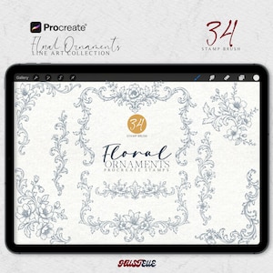 May include: A digital tablet screen displaying a collection of 34 floral ornament stamp brushes for Procreate. The screen features intricate line art designs of flowers, vines, and decorative borders in a light blue-gray color on a white background.