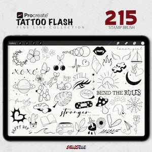 May include: A digital tablet showcases 215 fine line tattoo stamp brushes. The black and white designs include flowers, hearts, a sailboat, and the text "BEND THE RULES". The tablet is on a white background.