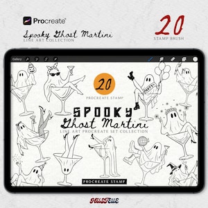 May include: A digital tablet screen displaying a collection of 20 black and white line art stamp brushes titled Spooky Ghost Martini. The illustrations feature ghosts in various poses inside martini glasses, wearing accessories like hats and boots.