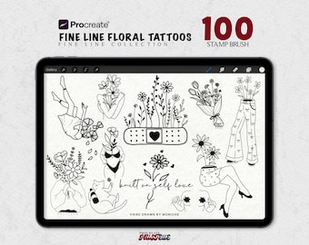 Minimalist Fine line Tattoo Floral Procreate Stamps Brush Set Artful Ink Drawing Tattoo Flash Procreate Brushes Botanical Pack