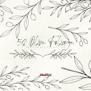 May include: A digital illustration set featuring black line art of olive branches with leaves and fruit arranged on a white background. The text reads 52 Olive Foliage PNG/SVG SET COLLECTION with a small logo at the bottom center of the image.