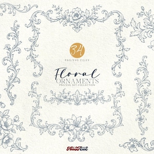 May include: A collection of 34 blue floral ornaments in PNG and SVG file formats. The set features intricate botanical illustrations, including decorative frames, corner accents, and scrolling vine motifs with flowers, all presented on a textured background.