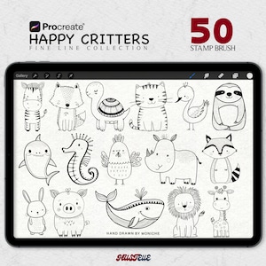 May include: A tablet screen displays a collection of 20 hand-drawn black and white animal illustrations. The text "HAPPY CRITTERS FINE LINE COLLECTION" and "50 STAMP BRUSH" are visible. The illustrations include a zebra, fox, turtle, and other cute animals.