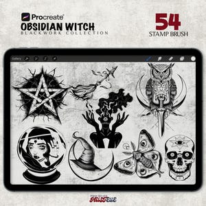 May include: A digital tablet displays a collection of blackwork illustrations with a witchy theme. The images include a pentagram, an owl with a sword, a crystal ball, a witch's hat, a moth, and a skull. Text reads "Obsidian Witch Blackwork Collection" and "54 Stamp Brush."