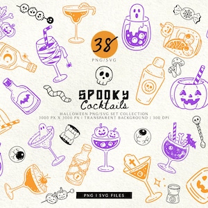 Könnte beinhalten: Eine digitale Sammlung von 38 Halloween-Illustrationen mit gruseligen Cocktails, Kürbissen, Geistern, Totenköpfen und Augäpfeln in orangefarbenen und violetten Linien. Der Text lautet 38 PNG/SVG, SPOOKY COCKTAILS, HALLOWEEN PNG/SVG SET COLLECTION, 3000 PX X 3000 PX, 300 DPI, PNG | SVG FILES.