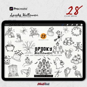 May include: A digital tablet screen displaying a collection of 28 black and white line art illustrations for Procreate, featuring Halloween themes like skeletons, pumpkins, a haunted house, ghosts, witches, spiders, and bats with the text Spooky Halloween.